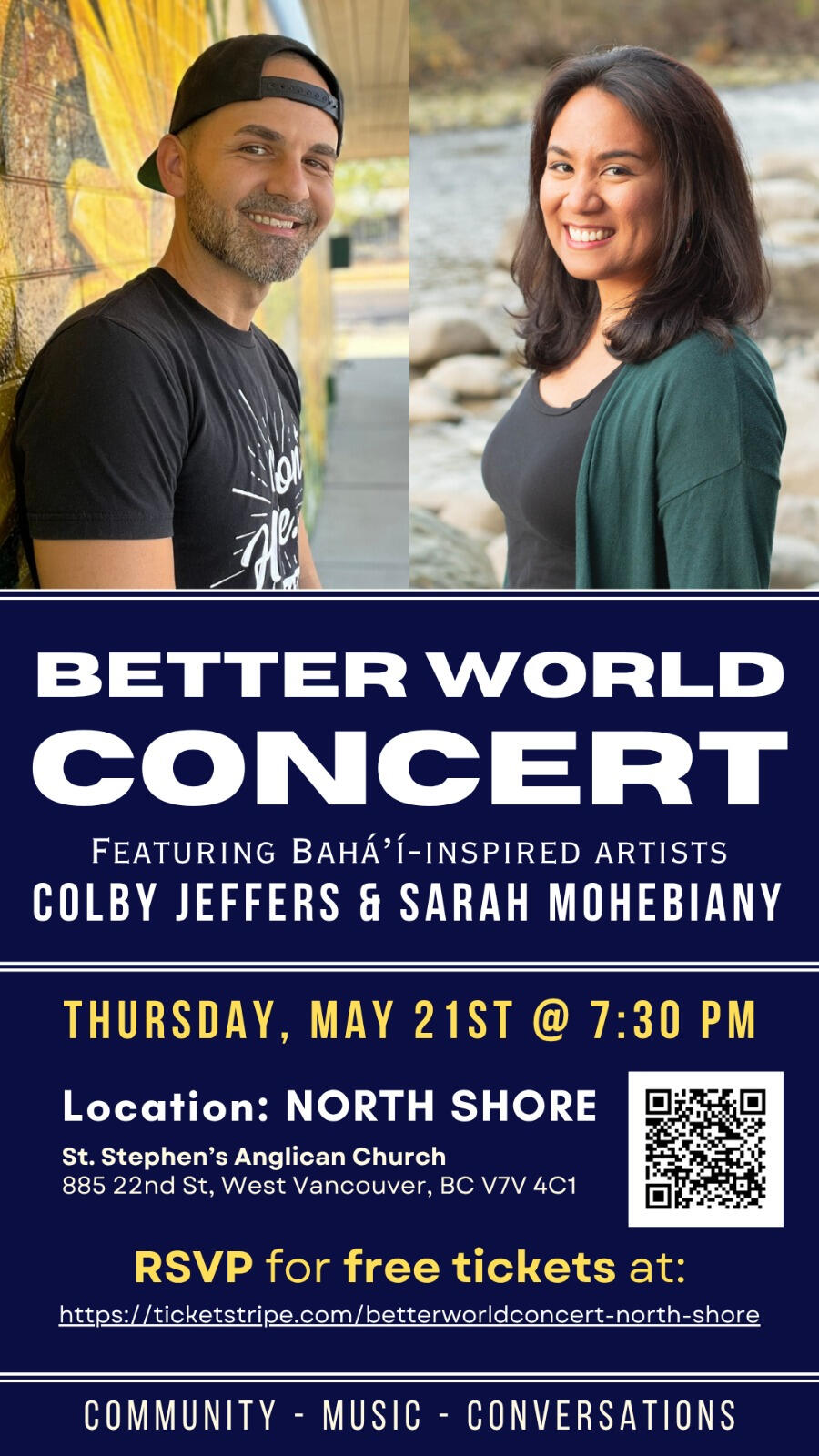 The BETTER WORLD CONCERT - NORTH SHORE, VANCOUVER, BC, CANADA, THURSDAY, MAY 21st 2026. FEATURING COLBY JEFFERS AND SARAH MOHEBI
